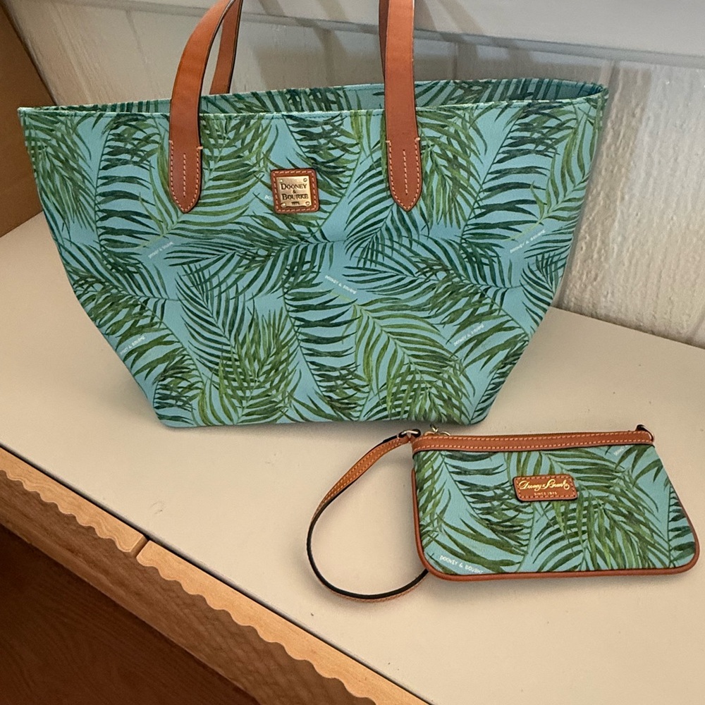 Dooney & Bourke Blue & Green Palm Print Tote with Wristlet